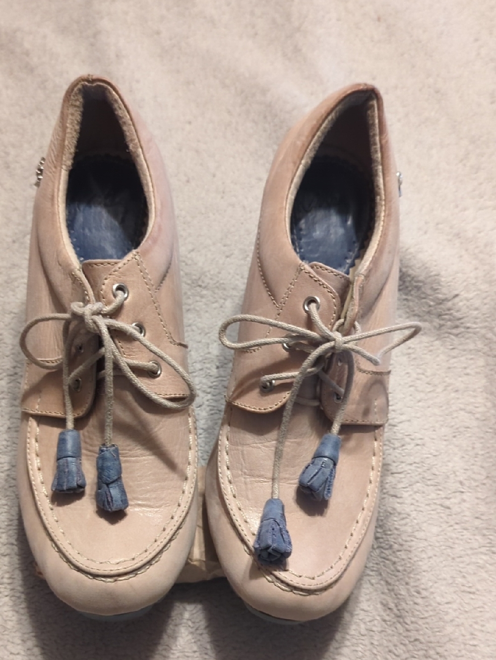 Taupe Lace-Up Ankle Booties with Blue Tassel Detail Leather